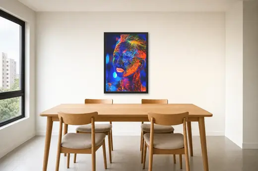 Pôster Rosto com pintura neon colorida emoldurado na parede: sala de jantar