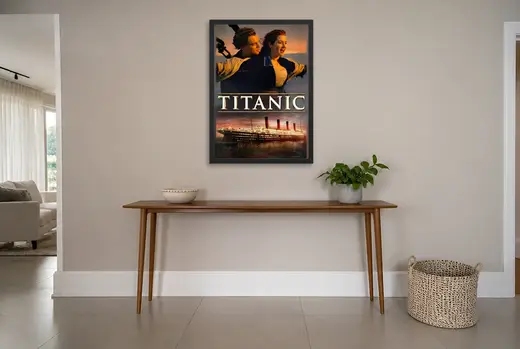 Pôster Titanic (1997): Jack e Rose na proa emoldurado na parede: hall de entrada