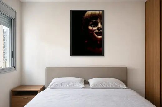 Pôster Annabelle (2014): rosto da boneca emoldurado na parede: quarto de casal