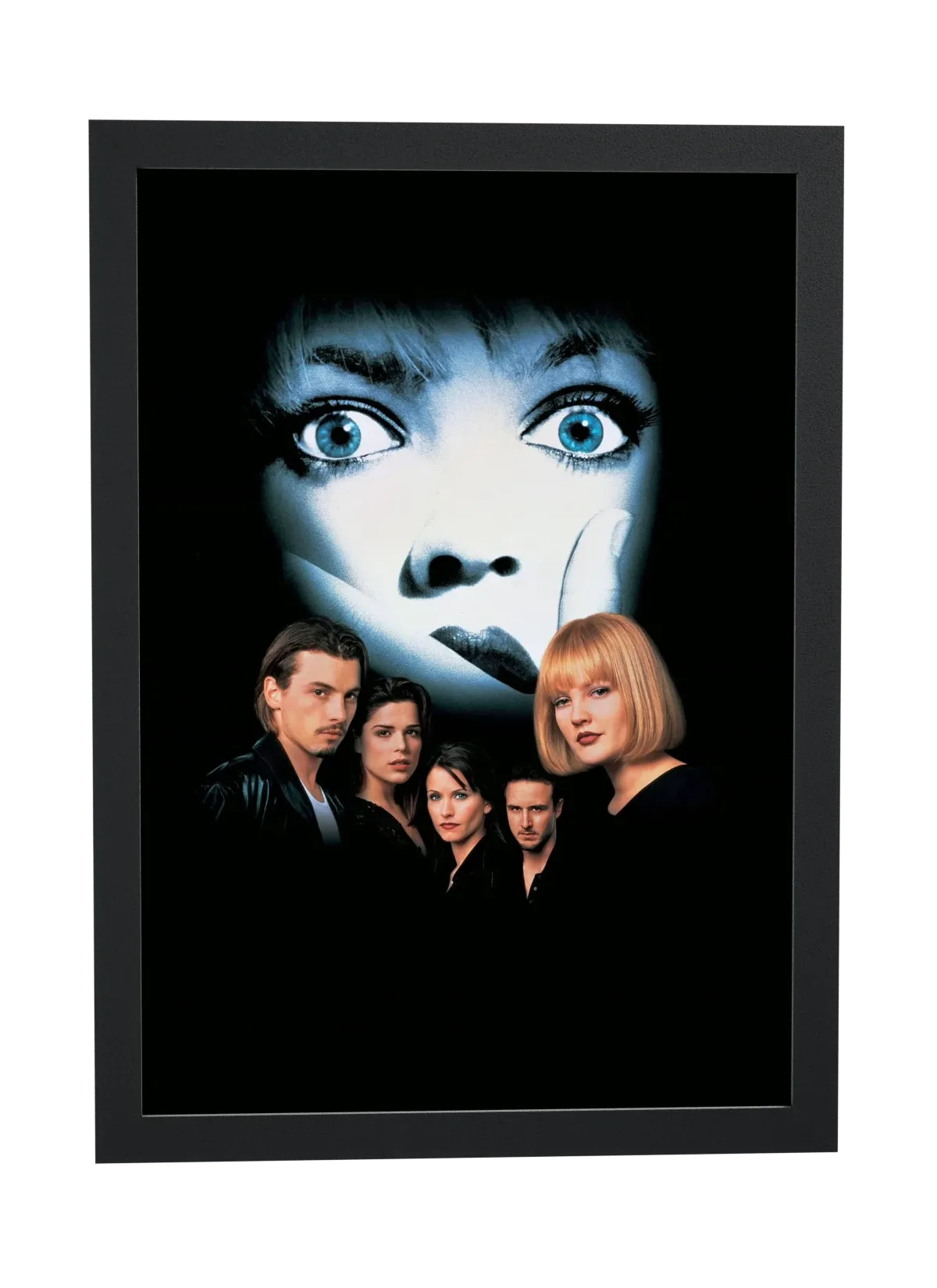 Pôster Pânico (1996): rosto fantasma ao fundo emoldurado