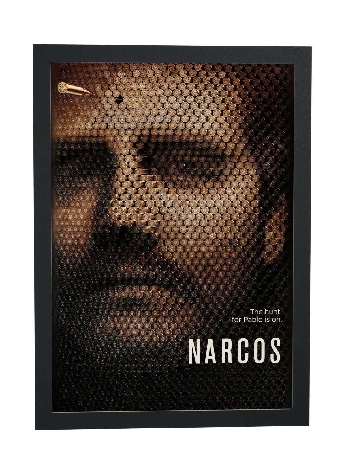 Pôster Narcos (2015): rosto em cápsulas de bala emoldurado