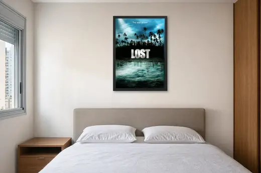 Pôster Lost (2004): sobreviventes na praia emoldurado na parede: quarto de casal