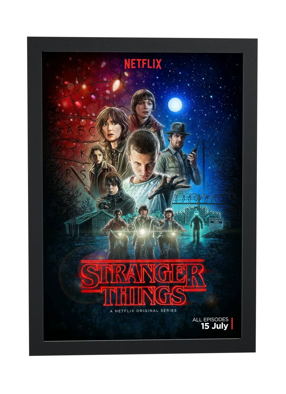 Pôster Stranger Things (2016): grupo em pôster retrô emoldurado