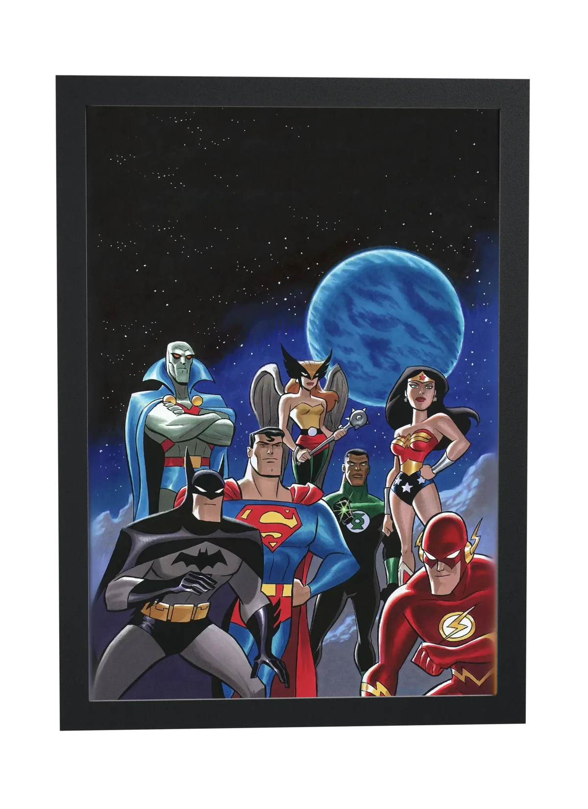 Pôster Liga da Justiça (2001): heróis reunidos emoldurado